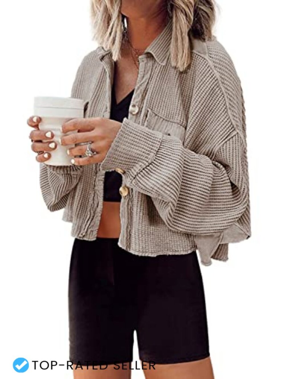 Cropped Waffle Knit Shacket Jacket for Women Oversized Casual Cardigan
